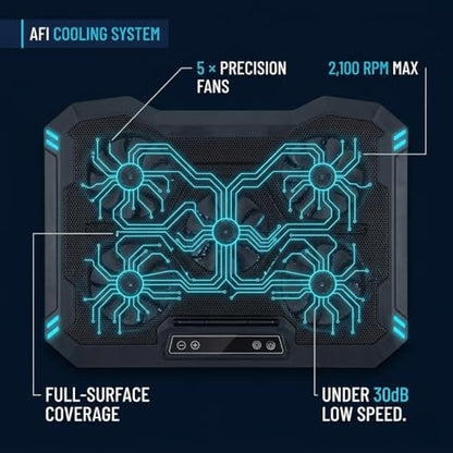 AFI Electronics Laptop Cooling Pad, 5 Quiet Fans Gaming Laptop Cooler for 11–17 Inch, RGB LED, LCD Display, 6 Fan Speeds, 8-Height Adjustable Stand, Dual USB Ports, Notebook Cooling Stand