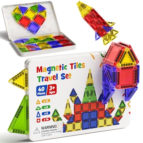 Mini Magnetic Tiles Travel Toys: Airplane Activities for Kids 3-8 | 40pcs Metal Box Play Base & Visual Storage Guide - Road Trip Essentials for Toddlers Quiet Games Portable Sets Must Haves - style: Glossy Surface Mini Magnetic Tiles - 40 PCS