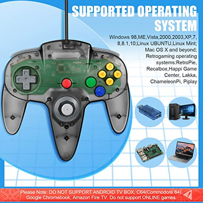 Wired USB N64 Controller, FISUPER Classic Video Game Controller USB Gamepad for Windows PC MAC Raspberry PI Retropie (Clear Black) - color: clear black