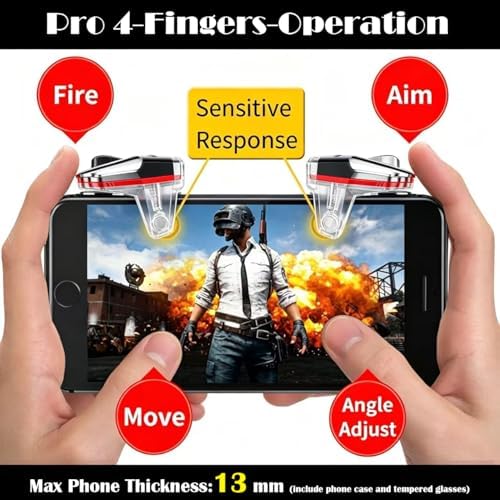 13 in 1 PUBG Mobile Game Controller for Android Phone & iPhone | For Pubg/Call of Duty/Fortnitee, 4 fingers operation, max thickness: 13mm, with cell phone game finger sleeves - color: Black