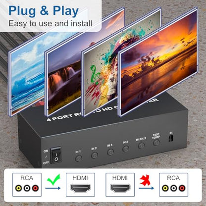 Multiple RCA to HDMI Converter - 4 Port Red White Yellow Composite Component to HDMI Converter for N64/Smart TV/AUX/PS2/PS3/VHS/VCR/DVD Players, Support 4:3/16:9 1080P/720P RCA AV to hdmi Switch