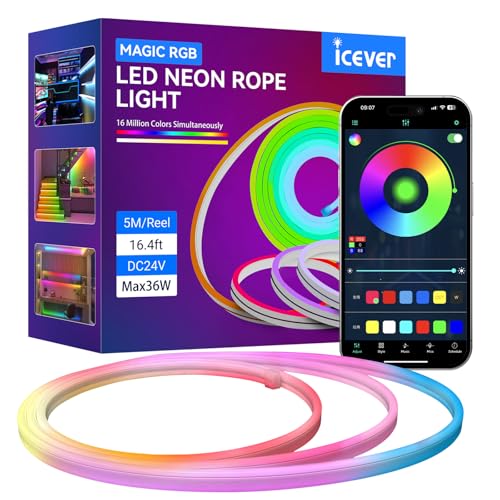16.4FT 5M Addressable Neon Rope Light, WS2811 RGB LED Chasing Digital Strip Lights MagicRGB Waterproof Silicone Rope Music Sync DIY Design APP Control Dream Color for Gaming Room Wall Decor - size: 5M