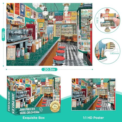 Jigsaw Puzzle 500 Piece for Adults,Fun Colorful Summer Iced Drinks Puzzles | Retro Soda Shop Diner Puzzles Letter on Back,Nterlock Perfectly Frameable,Challenging Perfect Birthday Party Gifts,20.5x15 In - style: Quiet Bar