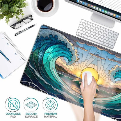 YKJWW Beach Sunset Desk Pad Cute Large Mouse Keyboard Desk Mat, Aesthetic Cute Gaming Desk Keyboard Mats for Desk Mat, Faux Stained Glass Sunset Mousepad Southwest Landscape Desk Pad 31.5x15.7 in - color: Blue Beach