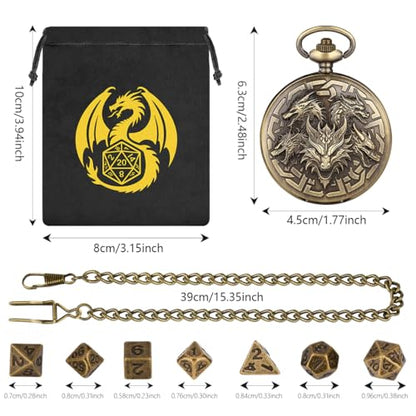 Mini DND Dice Set with Retro Five Dragon Heads Pocket Watch Shell Case, DND Starter Set, 7pcs Polyhedral Mini Metal Dice Set, D&D Gifts with Gift Box, Role Playing Board Game Accessories, Bronze - color: Bronze