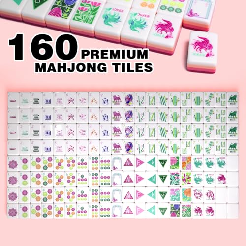 American Mahjong Game Set, Portable Carrying Bag,Acrylic 160 Tiles,Western Mahjong Tiles Set,Complete Ma Jong Set (Rose Red) - color: Rose Red