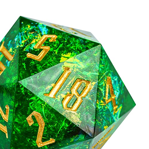 Cusdie Single D20 DND Dice with Sharp Edges and Glitter Foil Inclusions, 20 Sided D&D Dice, 33mm Handcrafted, for Role Playing Game (Green) - color: Green
