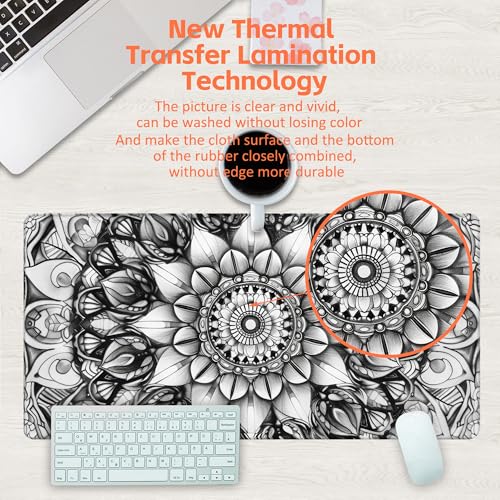 Large Gaming Mouse Pad for Desk, Black and White Mandala Desk Mat, Mandala Flower Desk Pad, 31.5"x15.7" Extended Big Computer Keyboard Mouse Pad with Non-Slip Base and Stitched Edge - color: Black and White Mandala