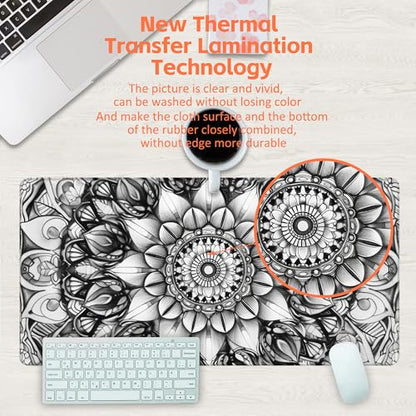 Large Gaming Mouse Pad for Desk, Black and White Mandala Desk Mat, Mandala Flower Desk Pad, 31.5"x15.7" Extended Big Computer Keyboard Mouse Pad with Non-Slip Base and Stitched Edge - color: Black and White Mandala