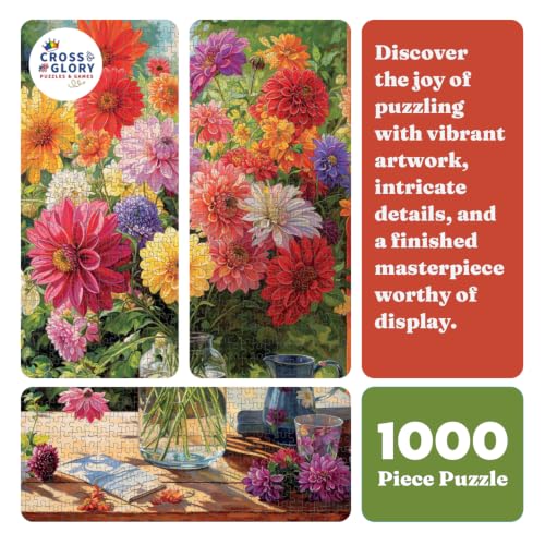 Cross & Glory - Rainbow Dahlia Delight - 1000 Piece Jigsaw Puzzle for Adults | Vibrant Flower Collection | Satin Finish | Challenging & Colorful Art - color: Rainbow Dahlia Delight