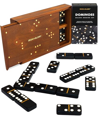 Iron & Glory Dominos Set for Adults - Board Games - Travel Dominoes Set - Tile Games - Classic Strategy Game for Family - Brain Teaser Puzzles - 28 Dominoes Tiles in Wood Box - Game Night Play