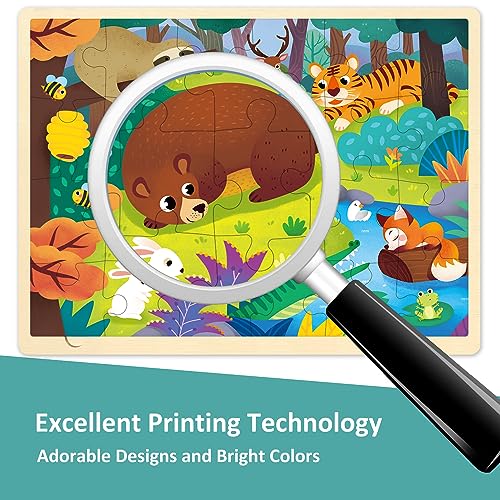 24 Piece Puzzles for Kids Ages 3-5, Unique Shape Jigsaw Pieces Forest Animals, Wooden Jigsaw Puzzle for 3 4 5 Year Old, Preschool Toddler Puzzle with Storage Tray - style: 24 Piece