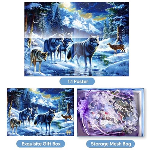 Jeacirio 100 Piece Jigsaw Puzzle for Kids Ages 6-8 8-10, Wolf Family in Snowy Mountain Forest, Educational Animal Puzzle, Screen-Free for Boys Girls - size: Wolf Puzzles