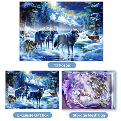 Jeacirio 100 Piece Jigsaw Puzzle for Kids Ages 6-8 8-10, Wolf Family in Snowy Mountain Forest, Educational Animal Puzzle, Screen-Free for Boys Girls - size: Wolf Puzzles