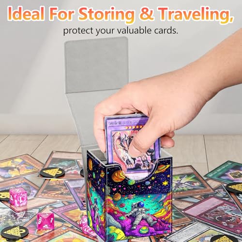 Card Deck Box, Card Storage Box Fits 100+ Single Sleeved Cards, Large Capacity PU Leather Card Storage Box with Strong Magnet for Magic Commander TCG/CCG, Floating Planets Astronauts - color: Floating Planets Astronauts