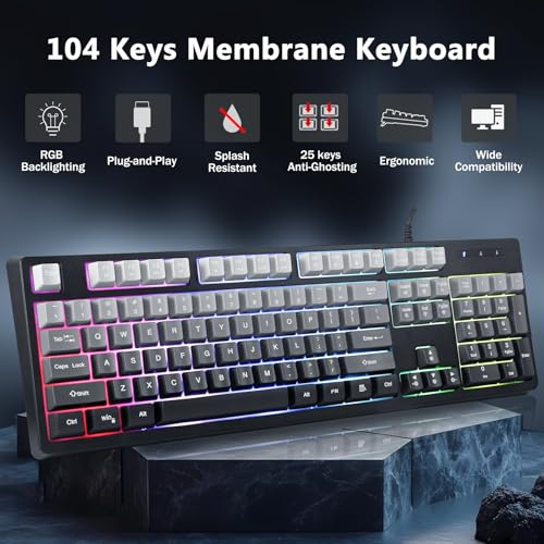 HUO JI Wired Gaming Keyboard with RGB LED Backlit, Floating Keys, Membrane with Mechanical Feeling, Spill Resistant, Ergonomic for Xbox, PS Series, Desktop, Computer, PC, Gradient Gray - color: Grey