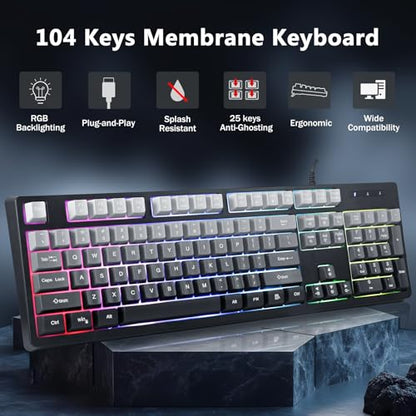 HUO JI Wired Gaming Keyboard with RGB LED Backlit, Floating Keys, Membrane with Mechanical Feeling, Spill Resistant, Ergonomic for Xbox, PS Series, Desktop, Computer, PC, Gradient Gray - color: Grey