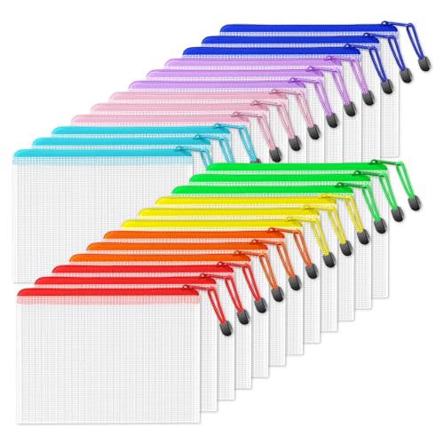 SUNEE Plastic Mesh Zipper Pouch 6.8x9.2 in (8 Colors, 24 Packs), Small Water-Resistant Zip Bag for School Office Supplies, Pencil Organizing Storage - color: Multicolored, size: 6.8x9.2