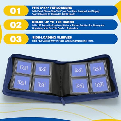 Toploader Binder,4-Pocket Side Load Trading Card Album, Holds 128 Cards | Top Loader Binder with Double-Sided Pockets for MTG, Sports Cards, Top Loader Storage（4 Dark Blue） - color: 4Dark Blue3