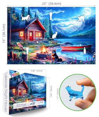 Moonlit Lake Cabin 500 Piece Jigsaw Puzzle for Adults & Seniors, Night Scenery Puzzle with Log Cabin, Lake, Mountains Adult Jigsaw Puzzles with Letters on Back Fun Family Puzzle Gift - color: Colorful-moonlit Lake Cabin
