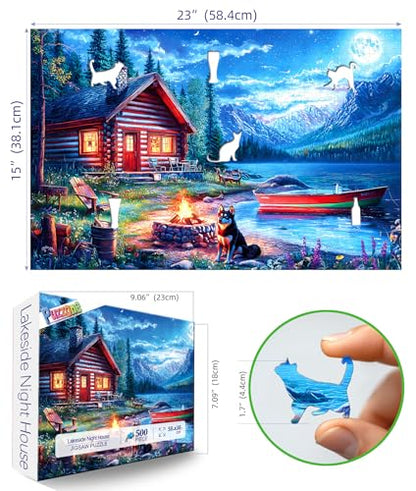 Moonlit Lake Cabin 500 Piece Jigsaw Puzzle for Adults & Seniors, Night Scenery Puzzle with Log Cabin, Lake, Mountains Adult Jigsaw Puzzles with Letters on Back Fun Family Puzzle Gift - color: Colorful-moonlit Lake Cabin