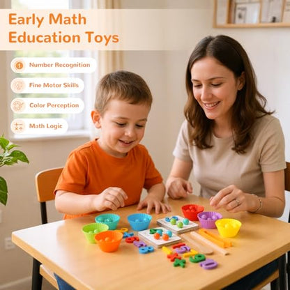 Wooden Peg Board Bead Game, Montessori Arithmetic Math Toy Set | beads, chopsticks & spoons, children's preschool fine motor toys for 3 4 5 years old