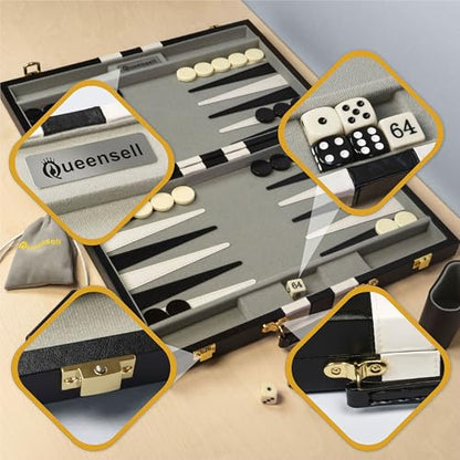 Large Black Backgammon Sets for Adults - Classic Board Games for 2 Players Adults and Kids - Premium Backgammon Set 15 Inch Board and 32 Backgammon Pieces in Quality PU Leather Case - style: Premium Black