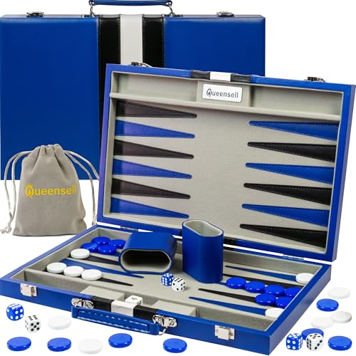 Large Blue Backgammon Sets for Adults - Classic Board Games for 2 Players Adults and Kids - Premium Backgammon Set 15 Inch Board and 32 Backgammon Pieces in Quality PU Leather Case - style: Premium Blue