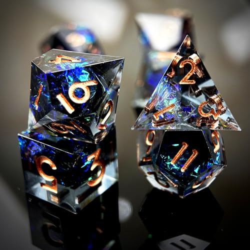 HAOMEJA 7pcs Sharp Edge Resin Dice Set, Handmade Polyhedral Dice with Glitter & Galaxy Effect Apply to DND, D&D, RPG, MTG Games, Role Playing Game, Easter, Halloween Party Gift (Black & Gold Word) - color: T Black & Gold Word