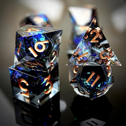 HAOMEJA 7pcs Sharp Edge Resin Dice Set, Handmade Polyhedral Dice with Glitter & Galaxy Effect Apply to DND, D&D, RPG, MTG Games, Role Playing Game, Easter, Halloween Party Gift (Black & Gold Word) - color: T Black & Gold Word