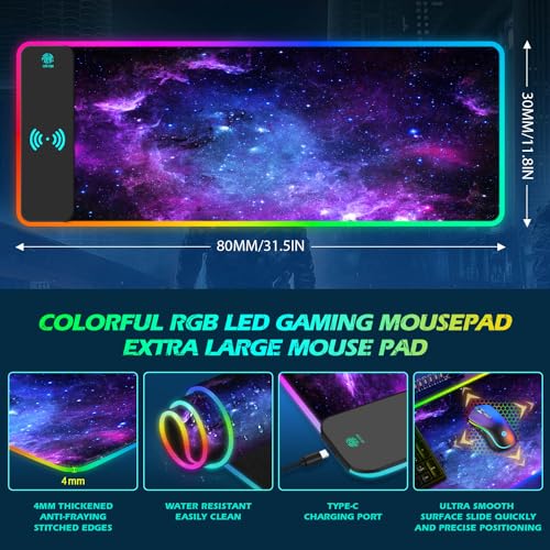 ToLuLu RGB Gaming Wireless Charging Mouse Pad, 7.5/10/15W 10 Light Modes LED Mouse Pad Computer Keyboard Mat Mousepad, 800x300x4MM Extended Large Desk Mat for MacBook, Laptop, PC, Purple Galaxy Space - color: Purple Galaxy Space