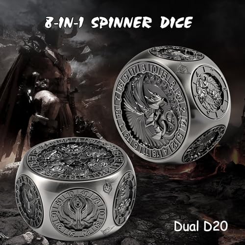 DNDND 8-in-1 Dual D20 Hexagonal Metal Dice - D&D Monster Themed Multi-Functional Dice Set for TTRPG Dungeons and Dragons with Collectible Gift Tin (Black) - color: Silver