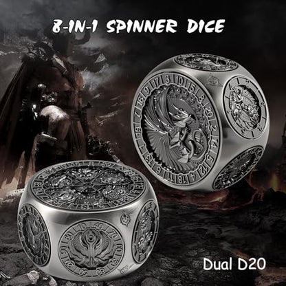 DNDND 8-in-1 Dual D20 Hexagonal Metal Dice - D&D Monster Themed Multi-Functional Dice Set for TTRPG Dungeons and Dragons with Collectible Gift Tin (Black) - color: Silver