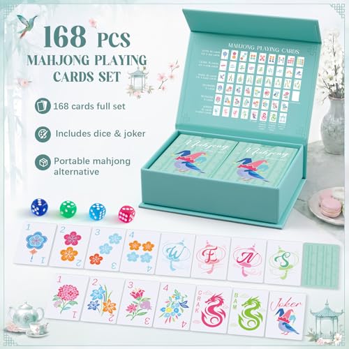 Soulchen 168-Piece PVC American Mahjong Card Print Set,Blossom,Mint | Lightweight Waterproof Format with 4 Dice and Storage Case, for Clubs, Pool, Cruises, Trips, Family Game Nights - color: Mint, style: Blossom