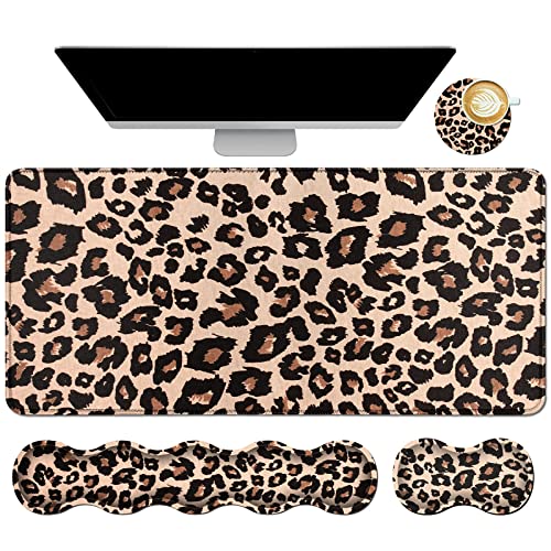 4Pcs Memory Foam Keyboard Mouse Wrist Rest Pad + Gaming Desk Mat 31.5" * 11.8" with Stitched Edges + Mouse Wrist Cushion + Coasters Set, Non-Slip Desk Pad Protector for Laptop Computer, Leopard Print - color: Leopard Print, size: 4Pcs Memory Foam Pad