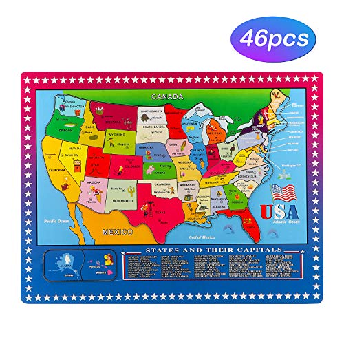 Wondertoys 46 Pieces Wooden USA Map Puzzle for Kids US Map Puzzle Educational Geography Puzzles United States Map Puzzle for Boy Girl