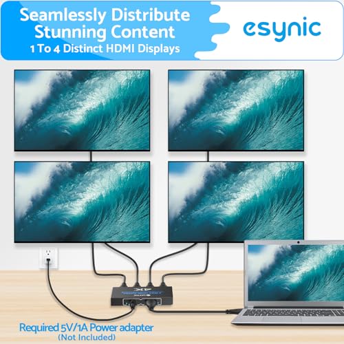 eSynic Professional HDMI Splitter 1 in 4 Out 4K@30HZ 4 Way HDMI Adapter 4k HDCP 1.4 Hdcp Bypass Splitter Plug&Play for Fire Stick PS4 Blu-ray Player etc[No Extend Mode][No Switcher][No CEC] - size: 1 In 4 Out