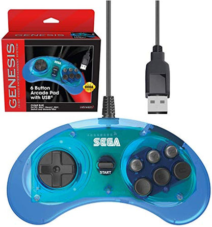 Retro-Bit Official Sega Genesis USB Controller 6-Button Arcade Pad for Sega Genesis Mini, PS3, PC, Mac, Steam, Switch - USB Port - (Clear Blue) - color: Clear Blue