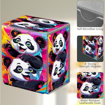 Card Deck Box, Card Storage Box Fits 100+ Single Sleeved Cards, Large Capacity PU Leather Card Storage Box with Strong Magnet for Magic Commander TCG CCG, Cute Panda Playing - color: Cute Panda Playing