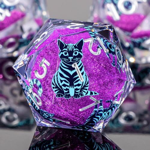 KERWELLSI Cat Liquid Core DND Dice Set with Gift Box, 7Pcs Resin Dungeons Sharp Edge D&D Dice, Dragons D and D Role Playing Dice D20 D12 D10 D8 D6 D4, Purple and Blue Cat - color: Purplr and Blue Cat