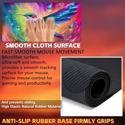 Large Gaming Mouse Pad for Desk, Colorful Hummingbird Desk Mat, Bright Hummingbird Desk Pad, 31.5"x15.7" Extended Big Computer Keyboard Mouse Pad with Non-Slip Base and Stitched Edge - color: Colorful Hummingbird