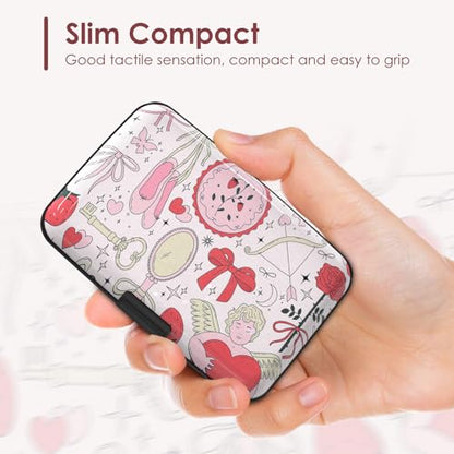 Credit Card Holder for Women, RFID Blocking Aluminum Hard Card Case, Mini Metal Wallet for Business Travel, Pink Bow Love - color: Pink Bow Love