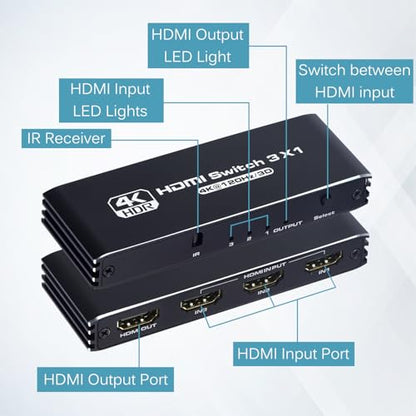 HDMI Switch 3 in 1 Out 4K 120Hz, HDMI Switcher 3x1 with IR Remote Control Support 4K@120Hz, 1080P@240Hz 3D, HDR, HDMI 2.1, HDCP 2.3, Compatible with PS5/ PS4/ PS3, Xbox, TV, DVD etc - color: Black