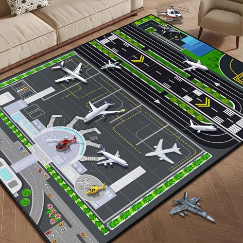 Airport Rug for Boys Playroom, 59"x39" Airplane Mat with City Traffic System and Aircraft Runway, Airport Carpet Non-Slip Washable Playmat for Bedroom - color: Airport01, size: 3'3"x 5'