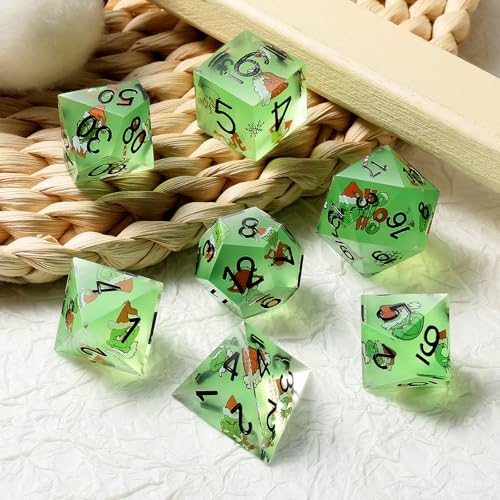 DNDND Full 7 Piece Sharp Edge Dice Set with Carton Stickers for Dungeons and Dragons D&D Table Games (Green with Carton) - color: Carton Green