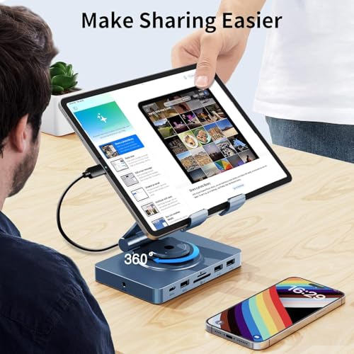 360° Rotating USB C Docking Station for iPad Pro, Tablet, Samsung, Steam Deck, ROG Ally, Legion Go, Msi Claw, etc, 11-in-1 with SD TF 4.0 Reader, 4K@60Hz HDMI, RJ45, Audio, USB A, USB C - style: Without Charger
