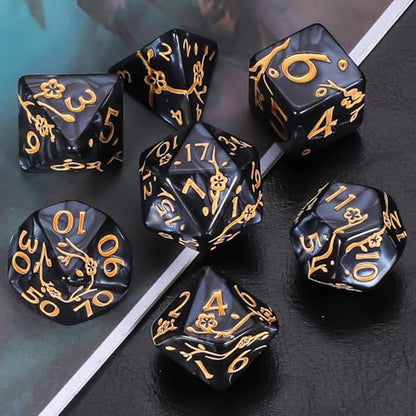 CiaraQ 7pcs Polyhedral Dice Set for Dungeon and Dragons MTG Table Games | Acrylic Role Playing Dice for D&D with Black Velvet Bag – Black Pearl with Gold Numbers & Patterns - color: Black and Gold Floral Dice