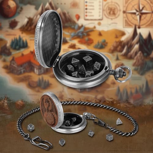 Mini DND Dice Set Wooden Dragon Engraved Pocket Watch Shell Case, 7pcs Polyhedral Metal D&D Dice Set, DND Gifts with Gift Box, Role Playing Board Games Accessories, Silver