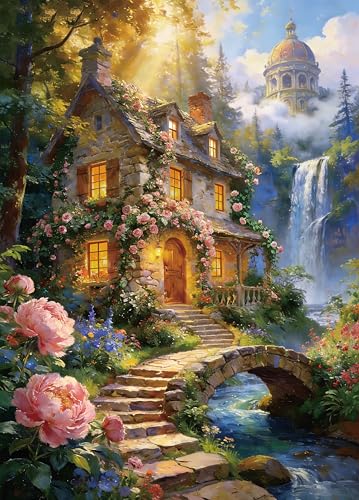 Puzzle for Adults 1000 Pieces, Blooming Forest Cottage Jigsaw Puzzle | Flower Stone Waterfall Art Puzzles with Storage Bag, Wall Decor, 27.6" x 19.7" - color: Enchanted Forest Cottage