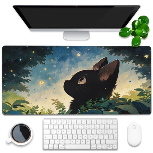 Desk Pad, Anime Cute Black Cat Extended Gaming Mouse Pad Large, 35.4"x15.7" Big Mouse Pad with Non-Slip Base and Stitched Edge, Long Computer Keyboard Mouse Mat for Home Office Work - color: Cute Black Cat, size: 35.4"x15.7"